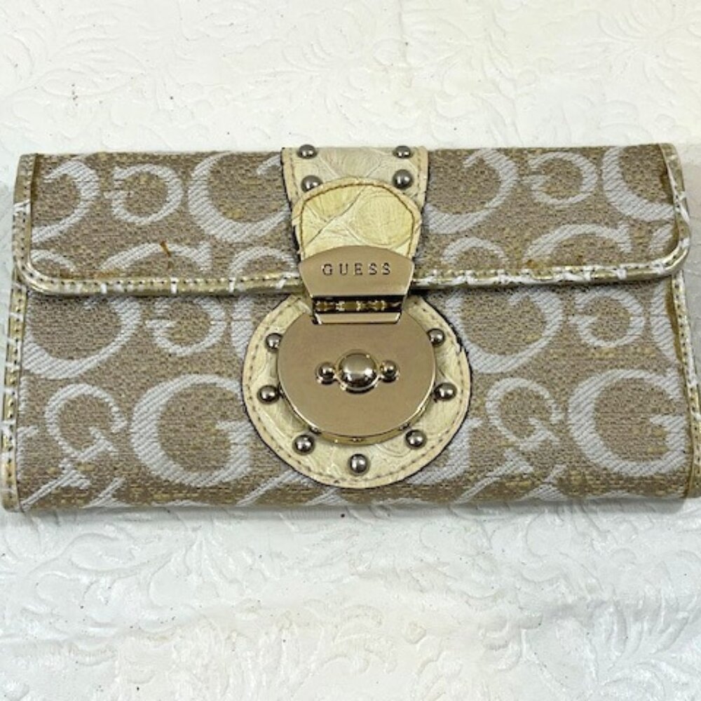 VTG Guess Canvas Logo Alligator Faux Print Snap Clutch Wallet 6.5"x3.5"